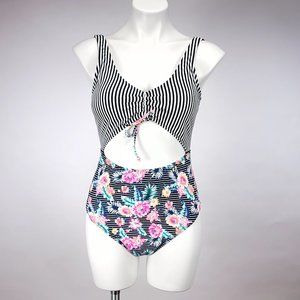 Arizona Jean Company One Piece Floral and Striped Swimsuit‎